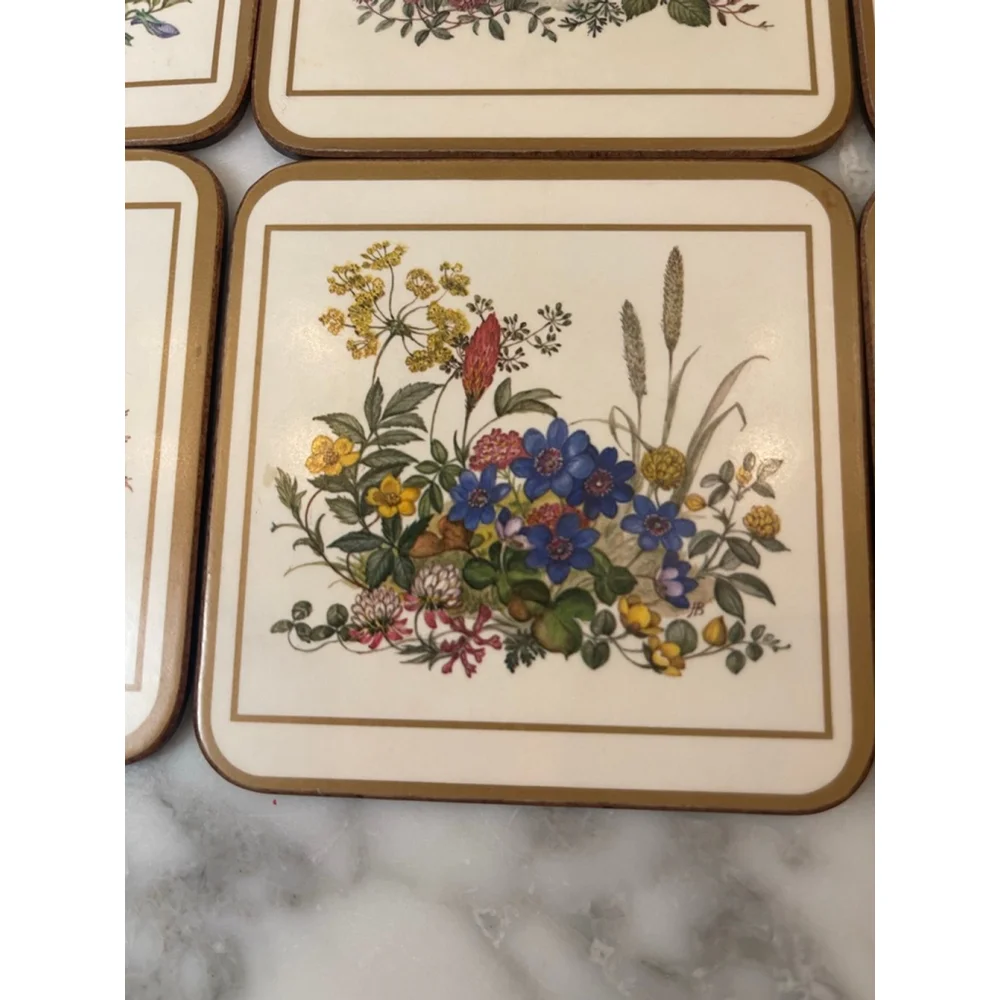 Vintage Pimpernel Acrylic Floral Coasters Set of 6 Made in England 4” Square